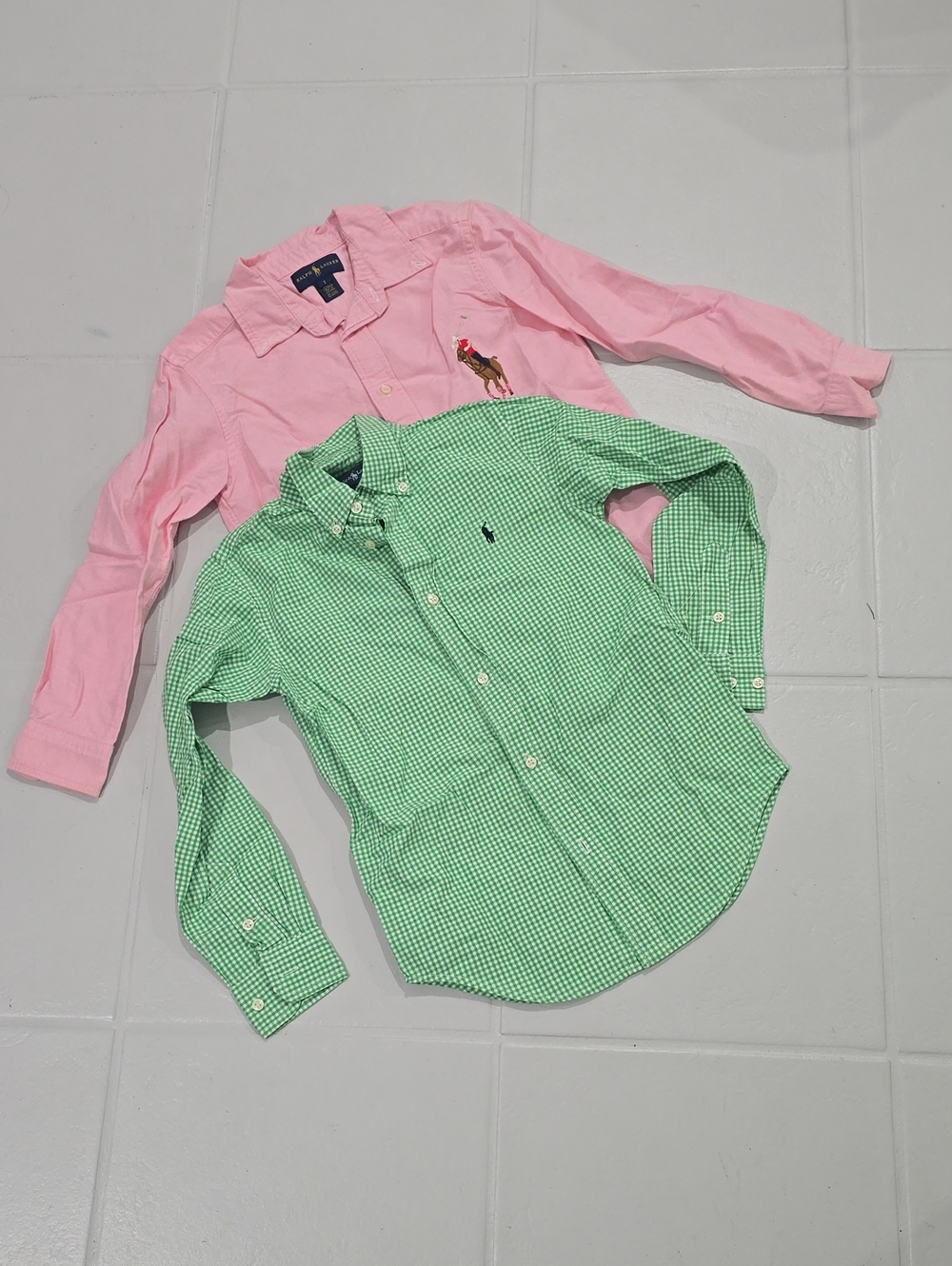 Ralph Lauren Pink Oxford & Green Gingham 100% Cotton Button-Down Shirts Size 7